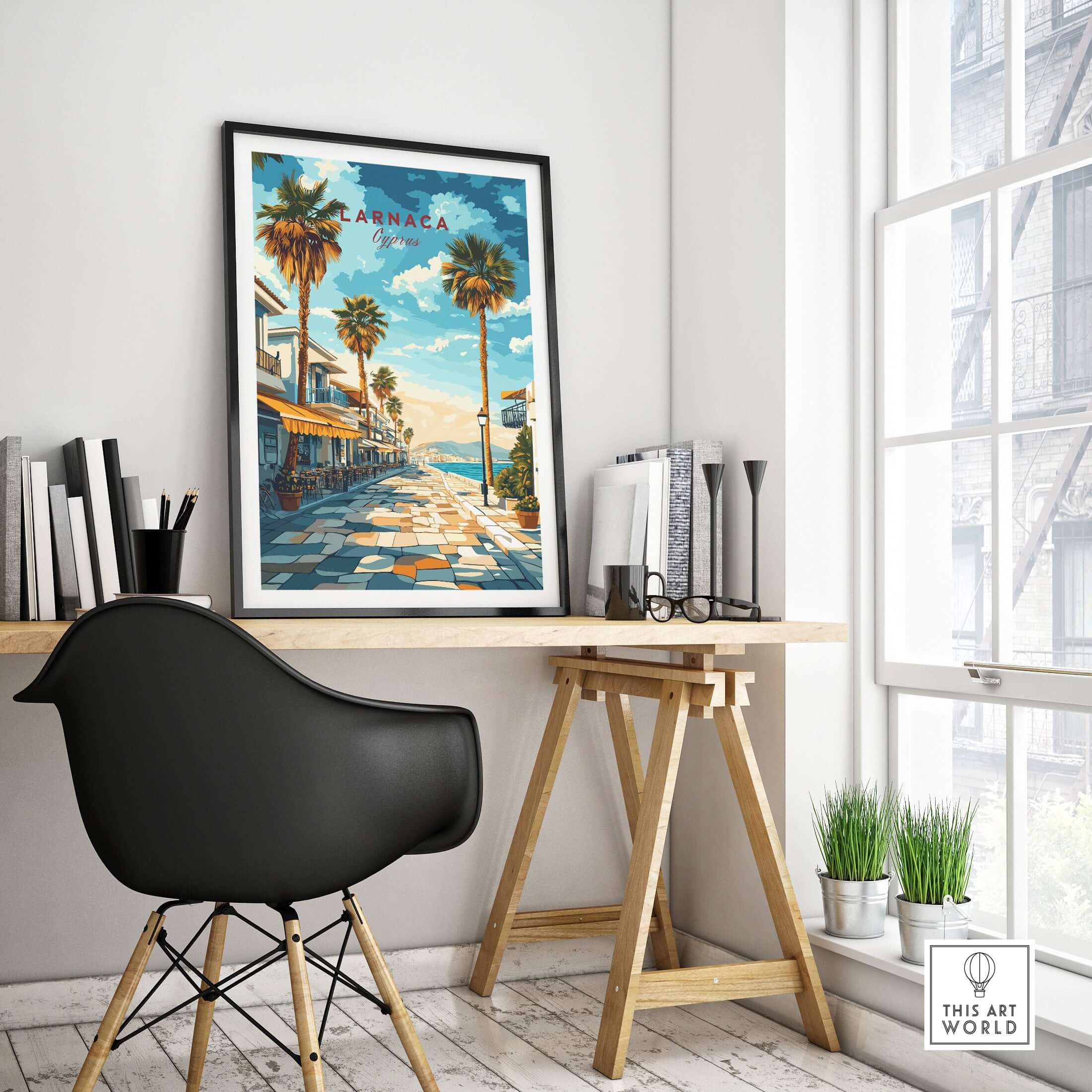 Larnaca Cyprus Poster - Travel Print displayed in a stylish home office setting with modern decor and natural light.