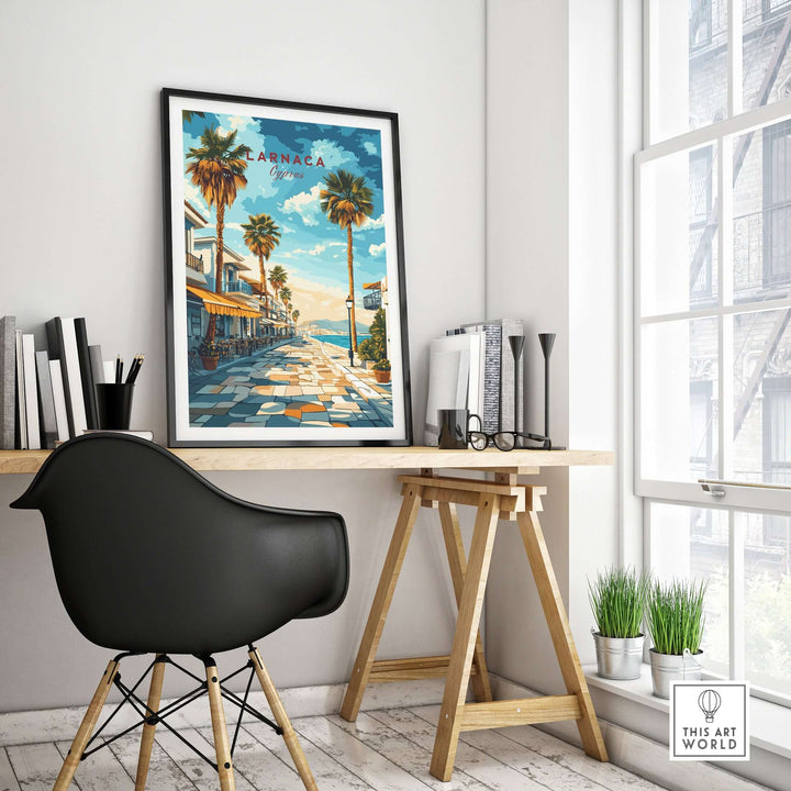 Larnaca Cyprus travel poster displayed in a stylish workspace, highlighting palm trees and coastal scenery.