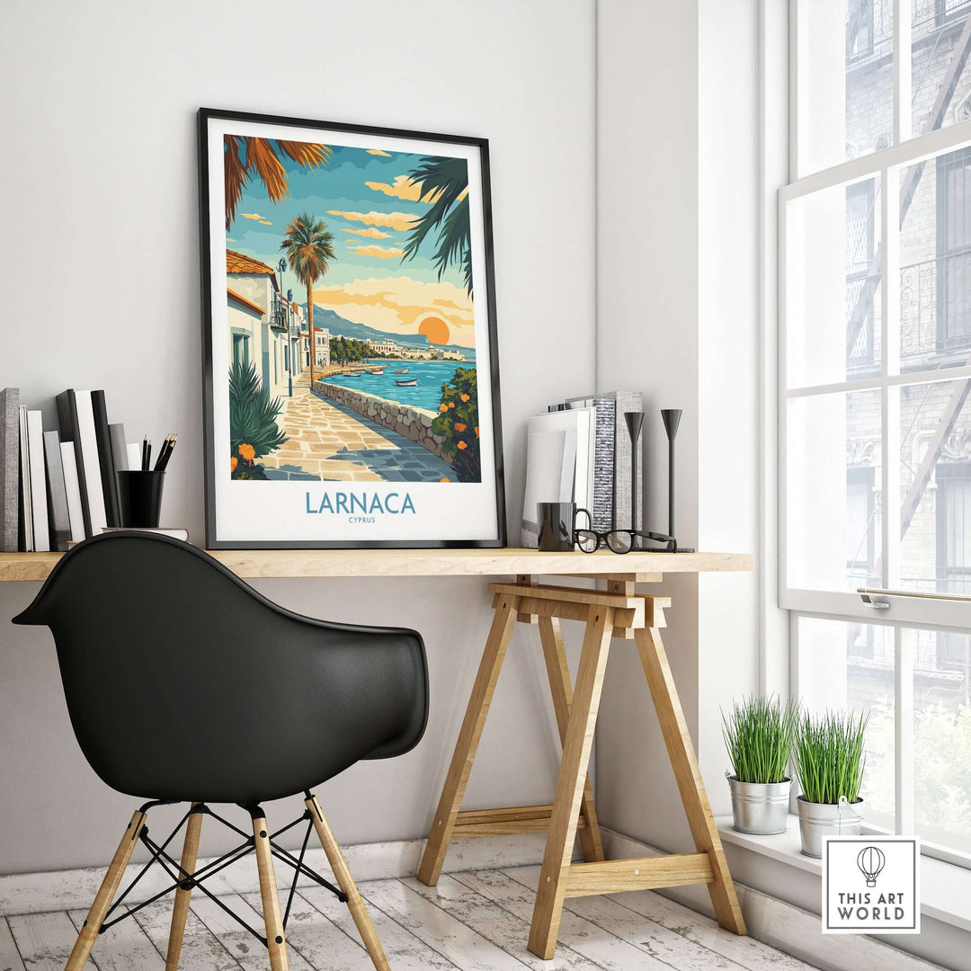 Larnaca Cyprus travel poster in a stylish workspace, showcasing coastal views and vibrant Mediterranean culture.