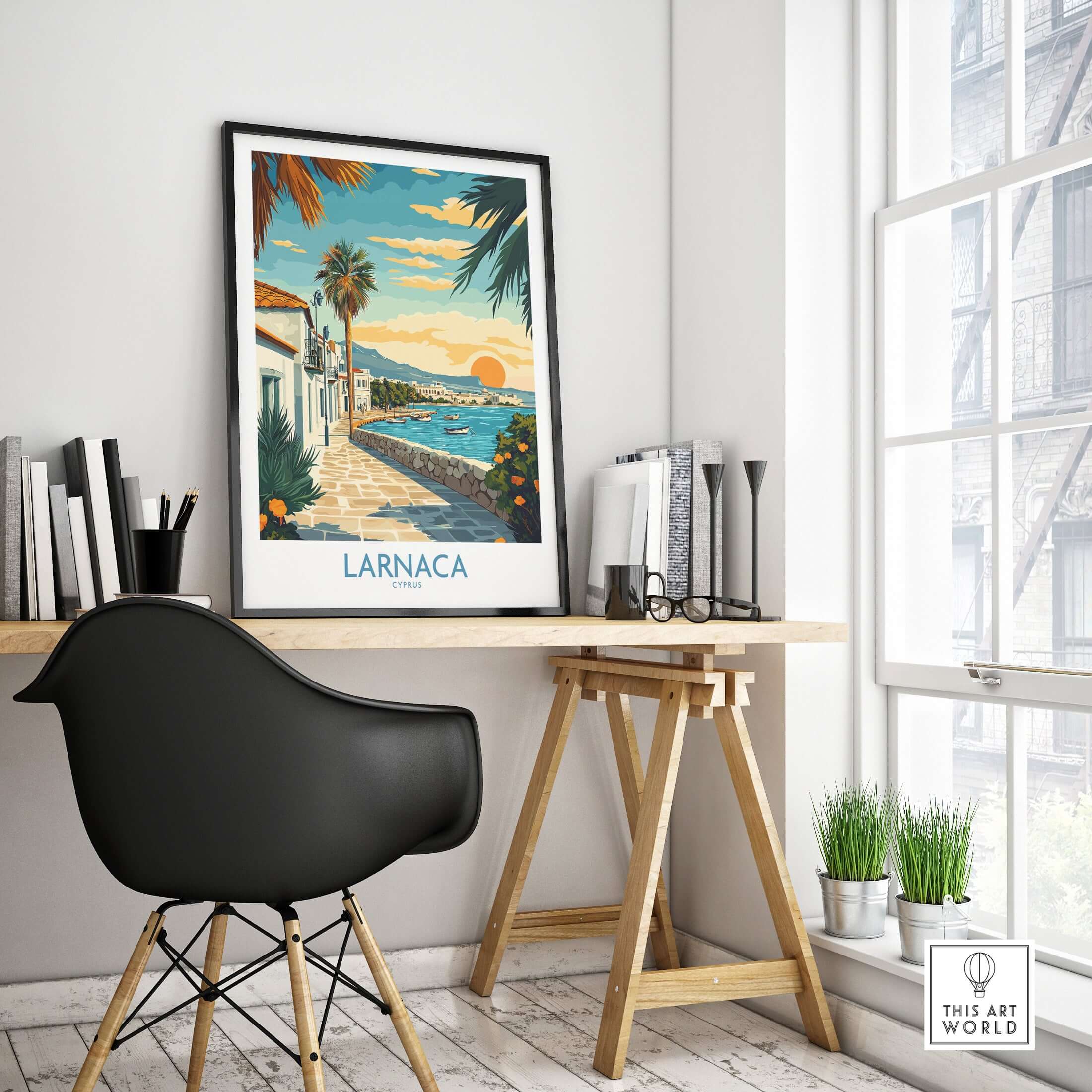Larnaca Cyprus Wall Art - Cyprus Travel Poster displayed in a modern office setting with coastal views and vibrant colors.