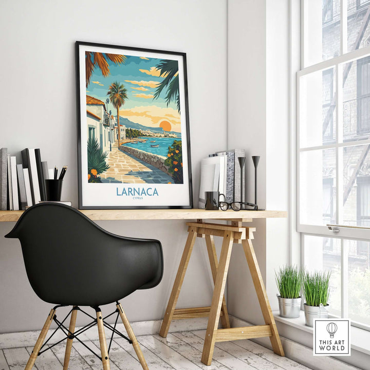 Larnaca Cyprus travel poster in a stylish workspace, showcasing coastal views and vibrant Mediterranean culture.