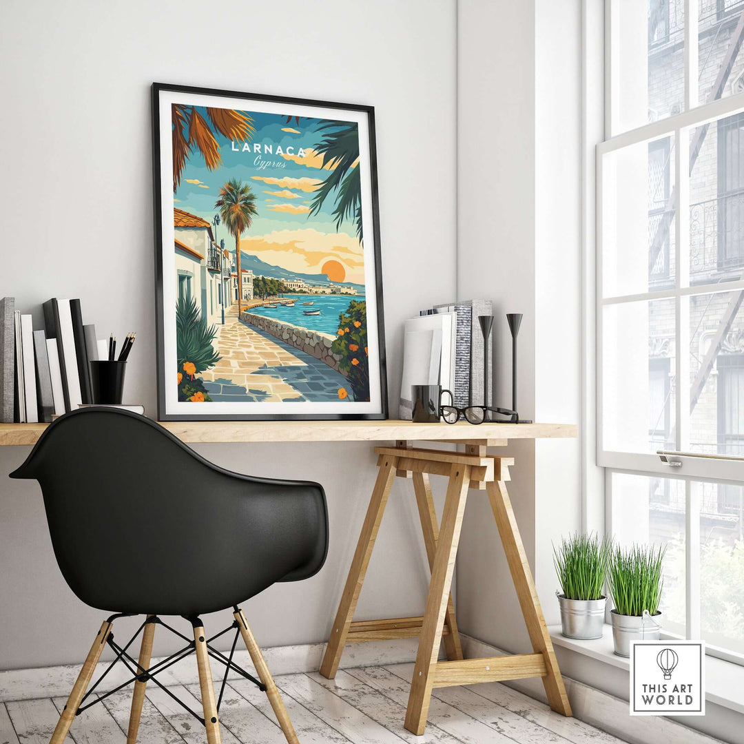 Larnaca Cyprus sunset poster displayed in a modern workspace, showcasing vibrant Mediterranean seascape and coastal charm.
