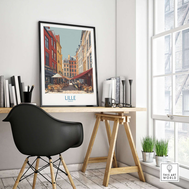 Lille France French Cafe Culture poster displayed in a modern workspace, highlighting Northern France travel decor.