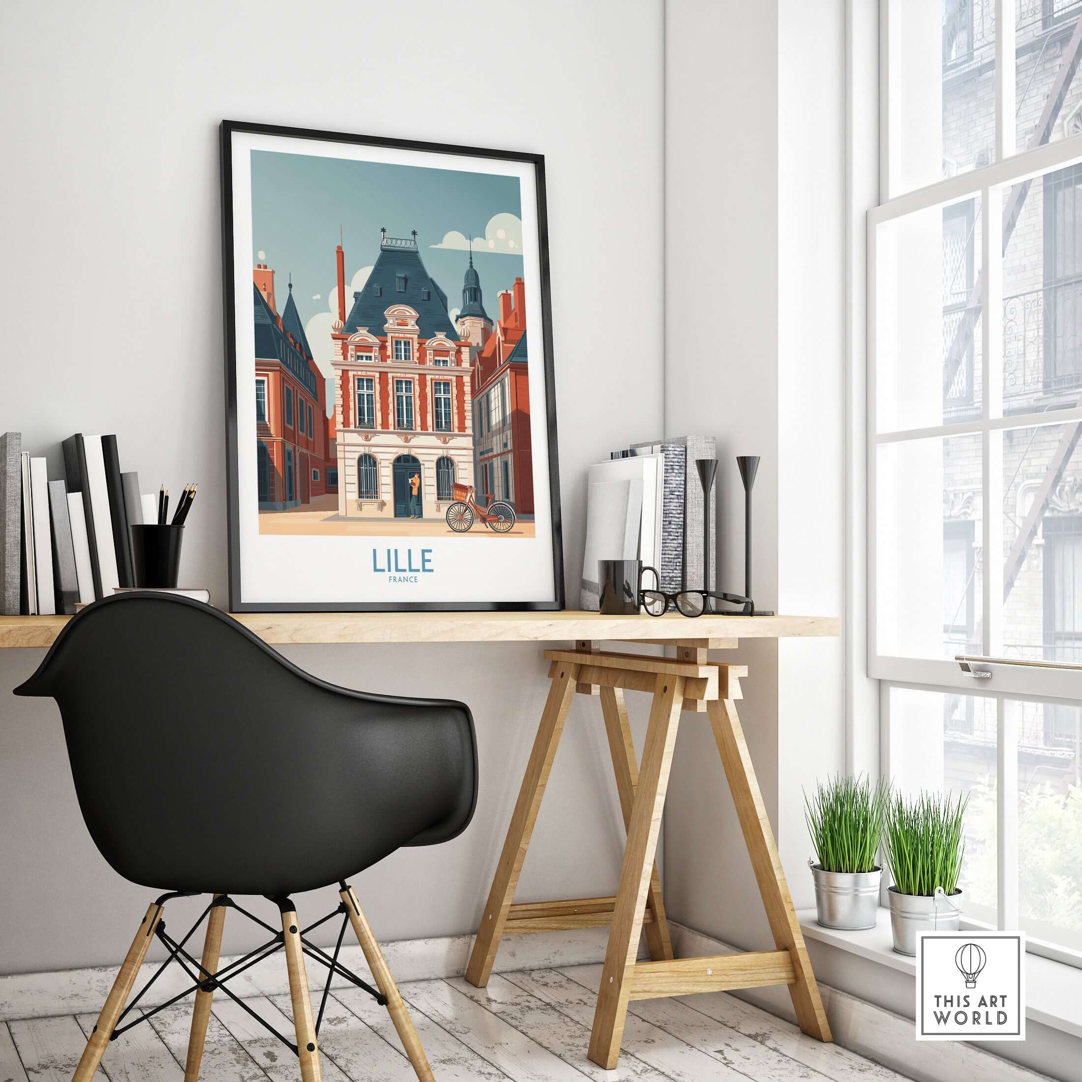 Lille France Poster - Charming European City Scene displayed above a stylish workspace with modern decor.