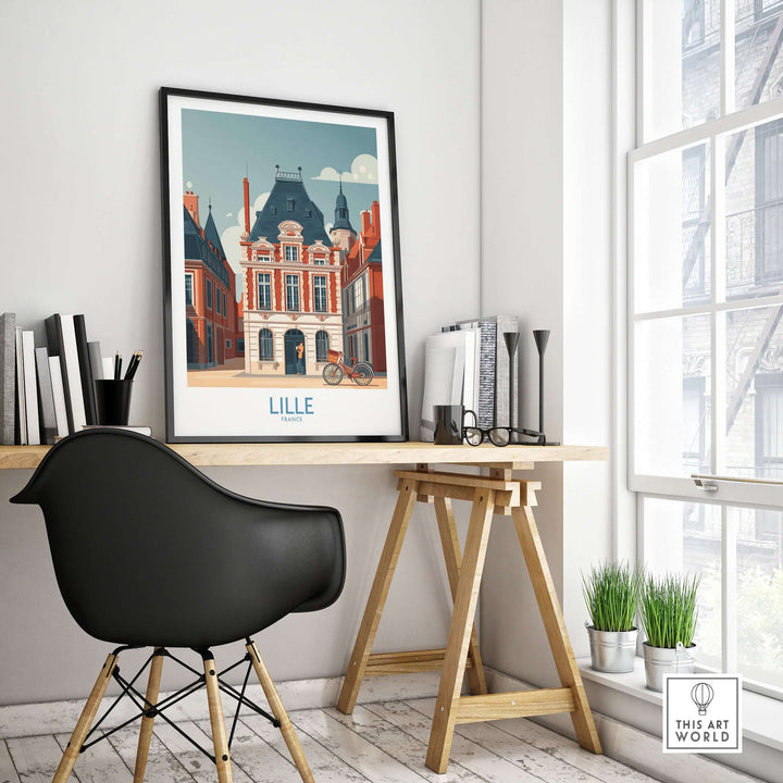 Lille France poster depicting a charming European city scene, framed on a stylish desk in a modern interior.
