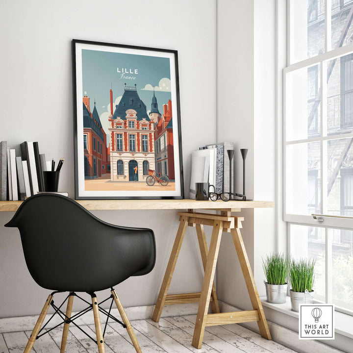 Lille France print showcasing historic architecture in a stylish office setting with modern decor.