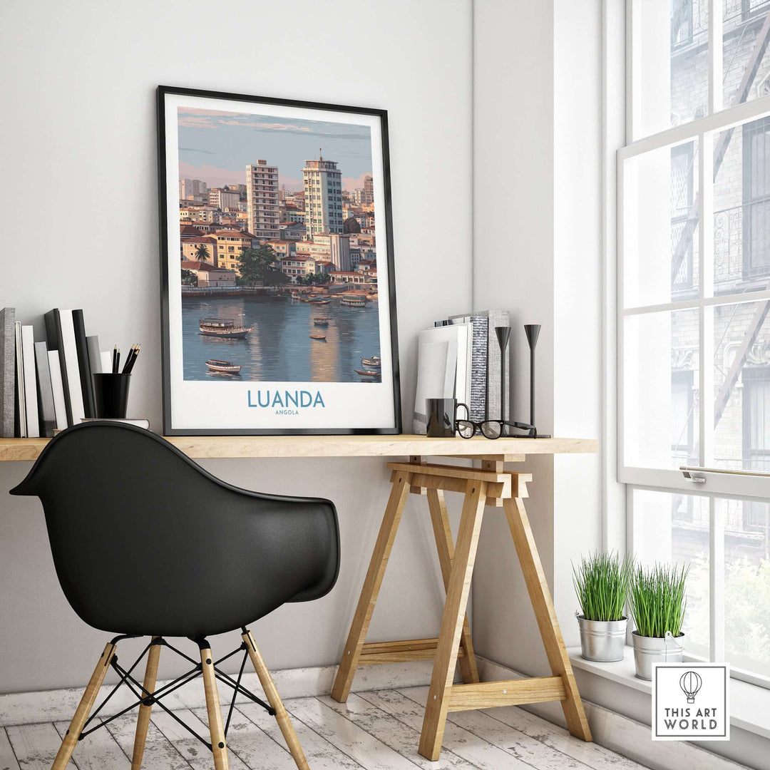 Luanda cityscape poster displayed in a modern workspace with waterfront view, adding urban art decor.
