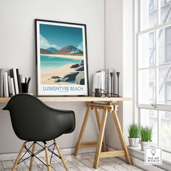 Luskentyre Beach Isle of Harris Wall Art Turquoise Water Seascape Poster - Hebridean Travel Print in a modern interior setting.