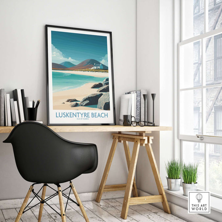 Luskentyre Beach wall art poster featuring turquoise waters and serene seascapes in a stylish home office setting.