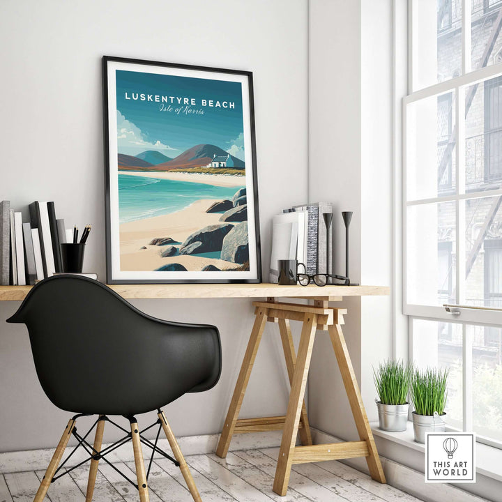 Luskentyre Beach print on wall above modern desk, showcasing Isle of Harris white sand coastal scenery.