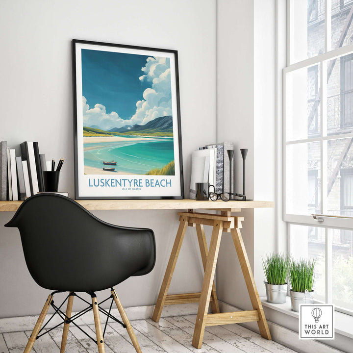 Luskentyre Beach Isle of Harris wall art displayed in a modern home office, showcasing serene coastal scenery.