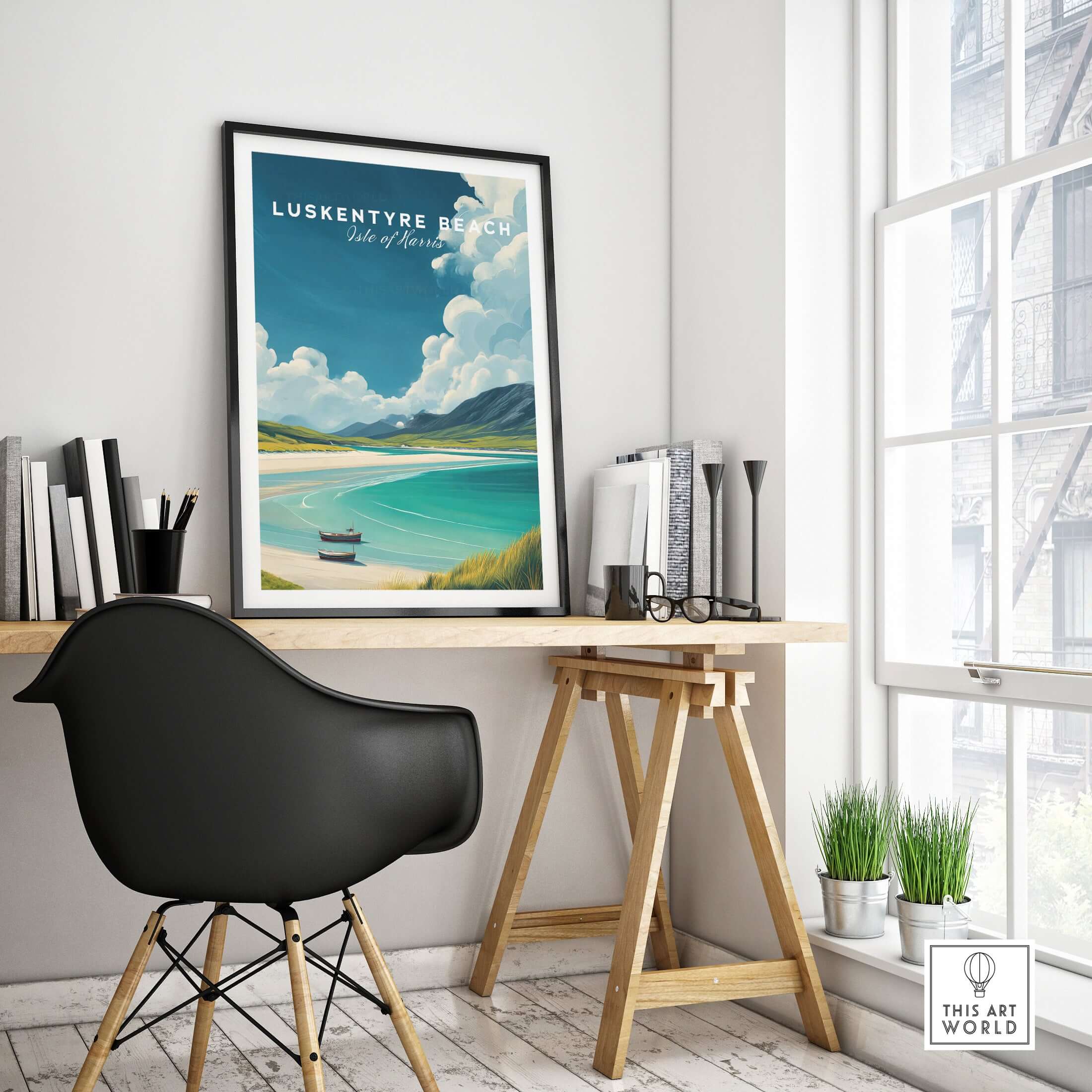 Luskentyre Beach Print Isle of Harris Print - Scottish Coastal Landscape Poster displayed in a modern workspace.