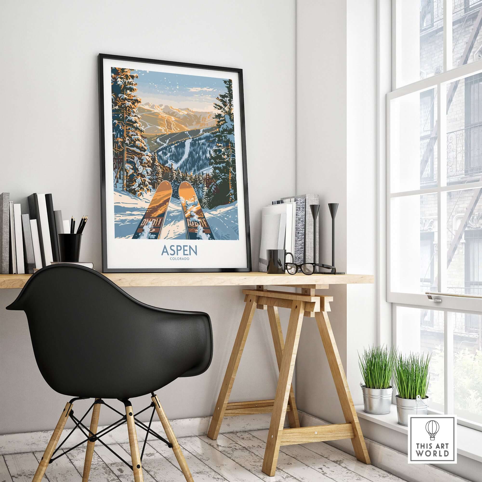 Aspen Wall Art Poster featuring Colorado ski print displayed in a modern room setting, perfect for ski enthusiasts and mountain lovers.