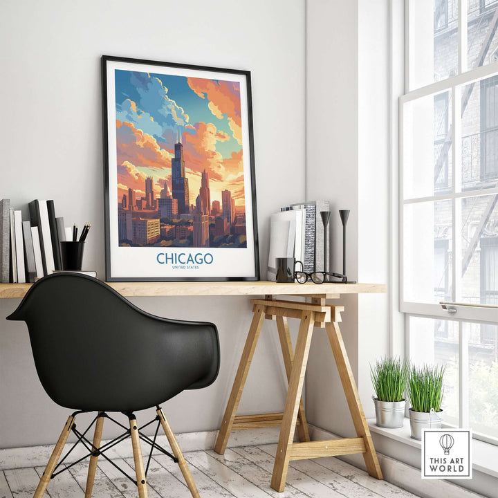 Chicago travel poster featuring a sunset skyline, perfect for home decor and a memorable gift for travelers.