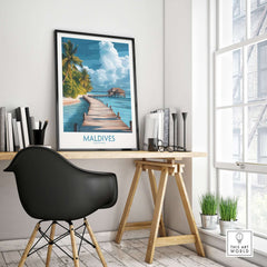 Maldives Wall Art Print - Beach displayed in a modern home office setting with a wooden desk and chair.