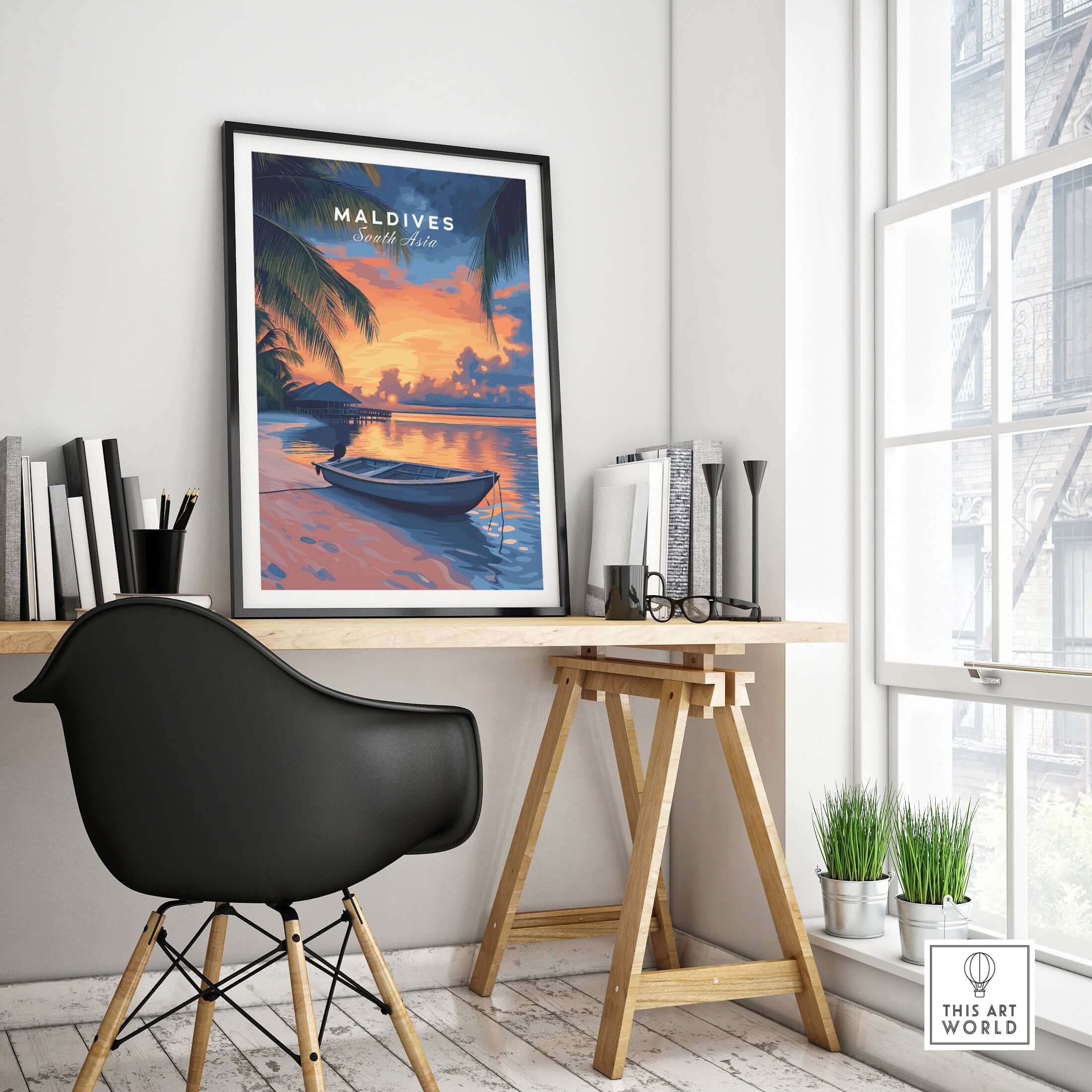 Maldives Travel Print - Sunset displayed in a modern office setting with a beautiful tropical sunset scene.