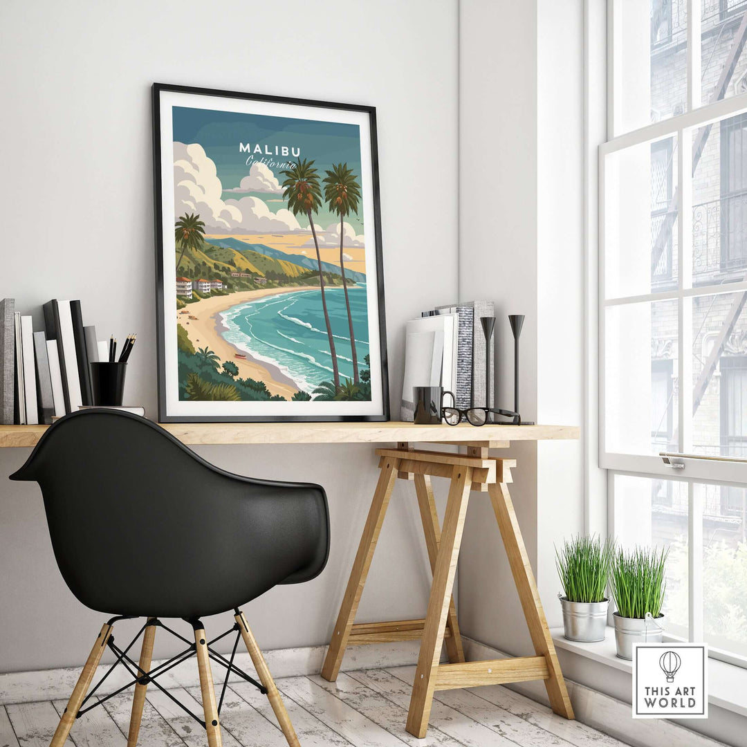 Malibu California beach wall art print in a modern home office setting with coastal decor.