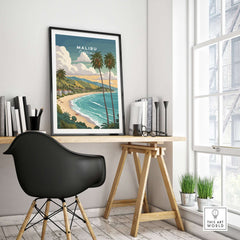 Malibu California Print - Beach Wall Art displayed in contemporary room with stylish chair and desk.