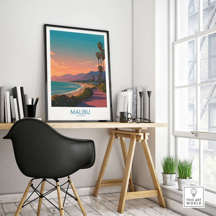 Malibu beach sunset poster displayed in a stylish home office, showcasing serene coastal views and vibrant hues.