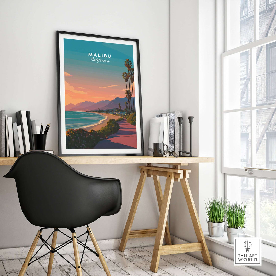 Malibu California beach sunset wall art, vibrant coastal views in modern workspace decor.