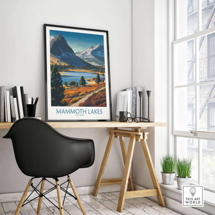 Mammoth Lakes wall art print showcasing scenic mountains and lakes in a cozy office setting.