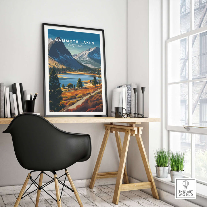 Mammoth Lakes California mountain trail print in a modern workspace, showcasing Sierra Nevada landscape.