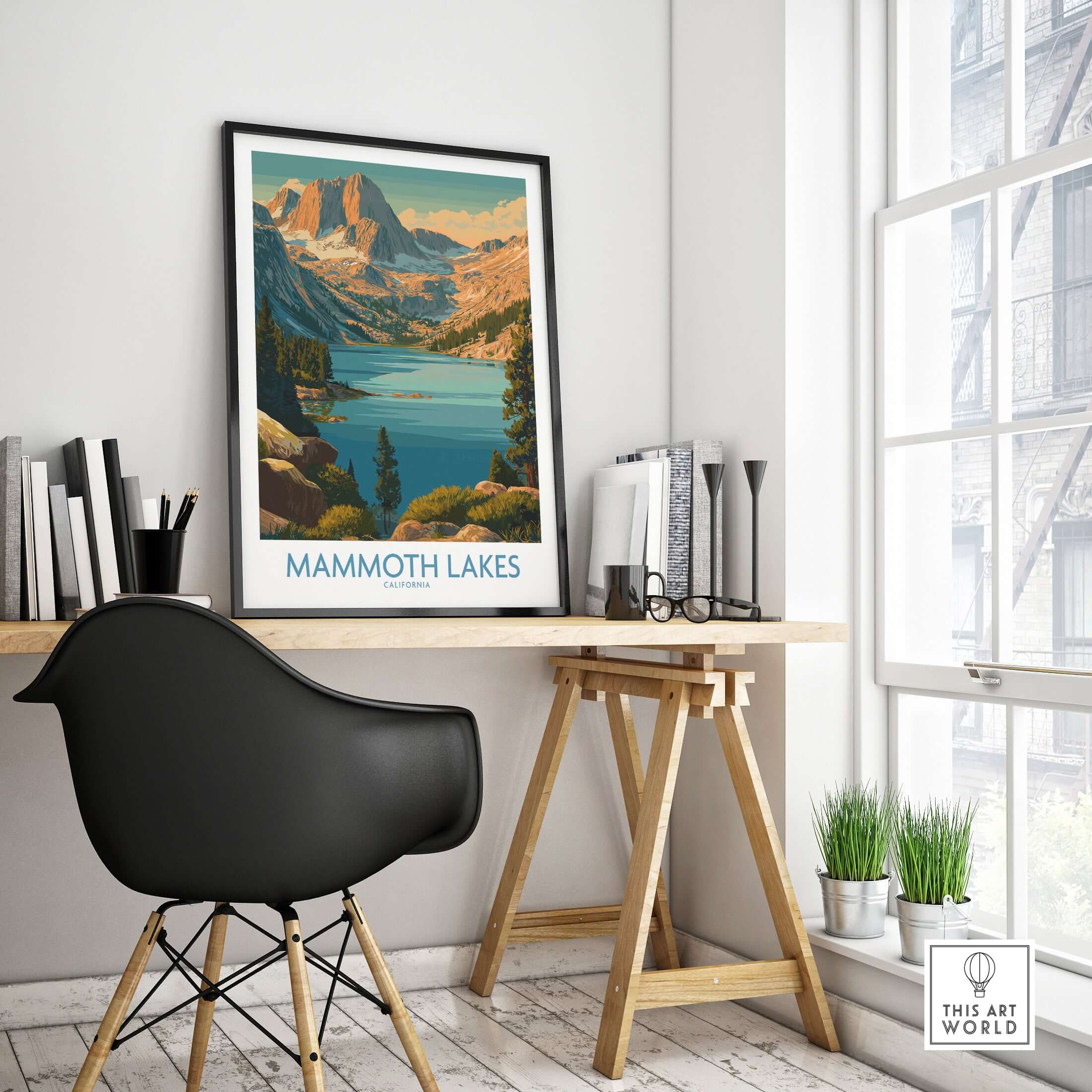 Mammoth Lakes Print California - California Wilderness Poster displayed in a modern office setting, showcasing nature's beauty.