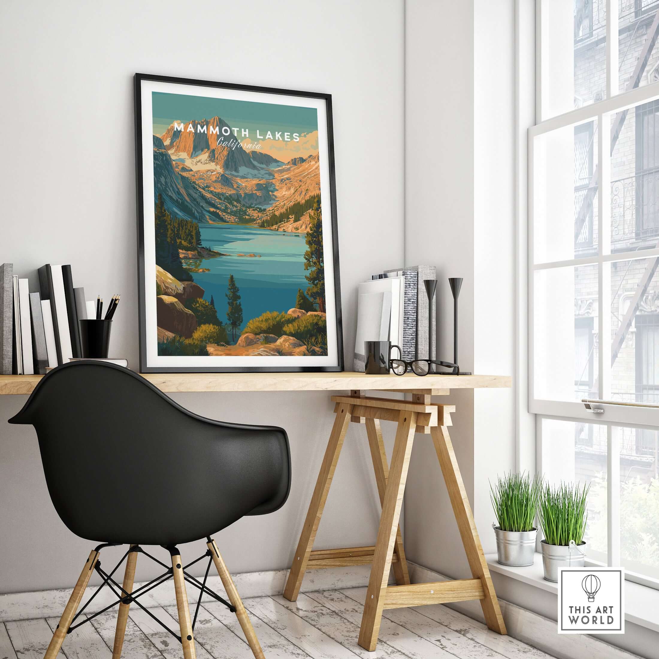 Mammoth Lakes Poster California - Rugged Mountain Wall Art displayed in a stylish home office setting.
