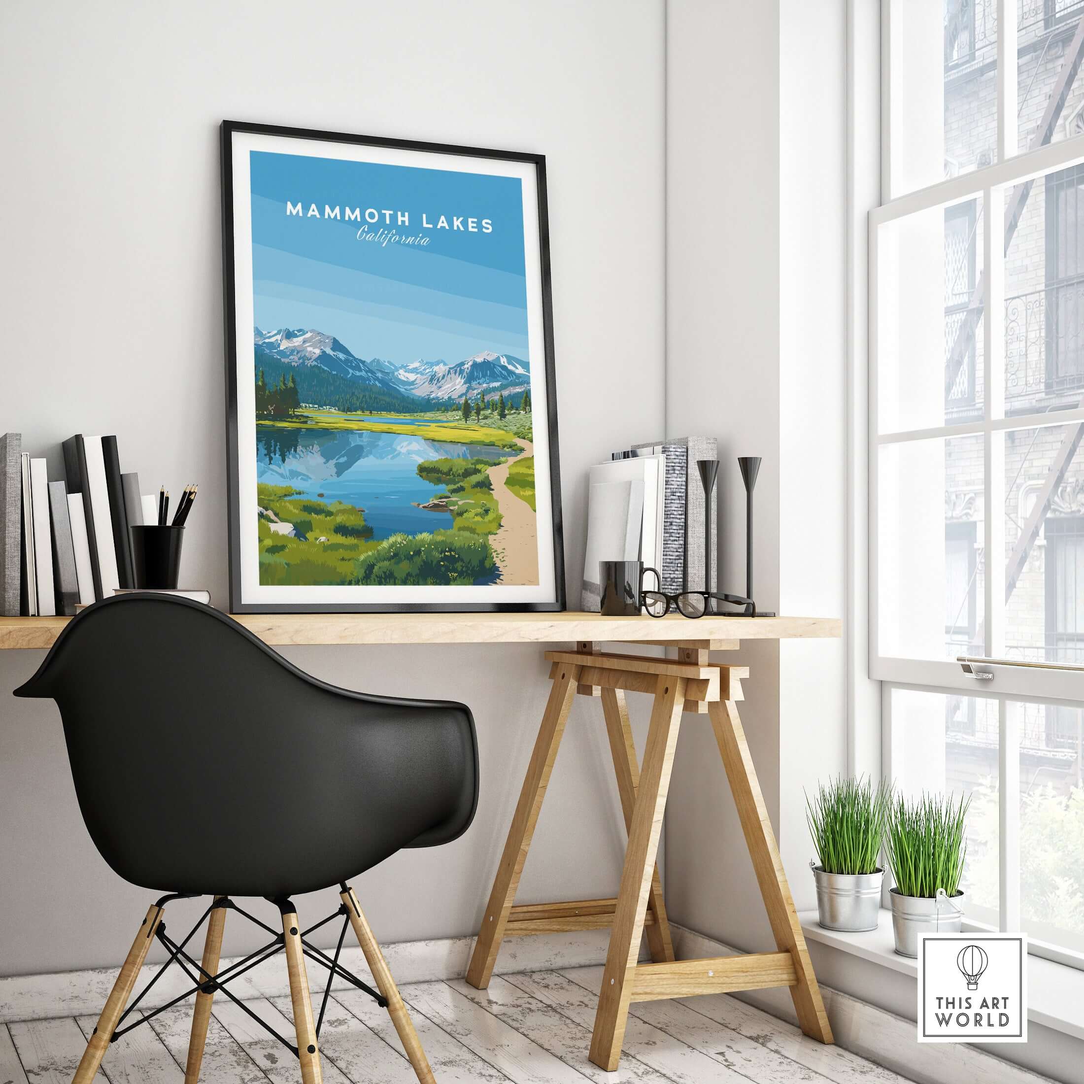Mammoth Lakes California Scenic Print - Serene Mountain Landscape Poster displayed in a modern office setting.