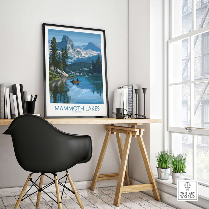 Mammoth Lakes wall art print displayed in a modern workspace, showcasing California's natural beauty and serene landscapes.