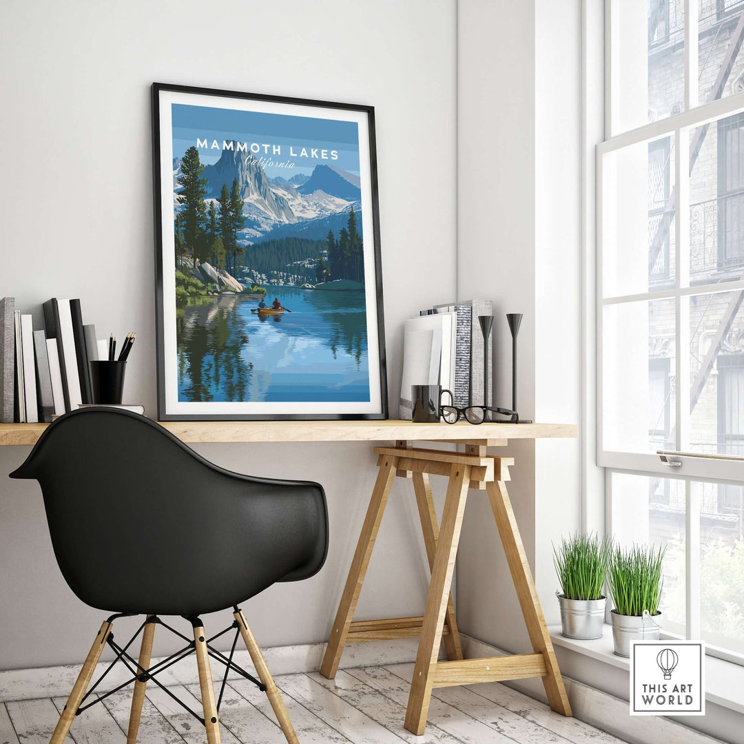 Mammoth Lakes mountain wall art displayed in a stylish office setting, reflecting outdoor adventure and natural beauty.