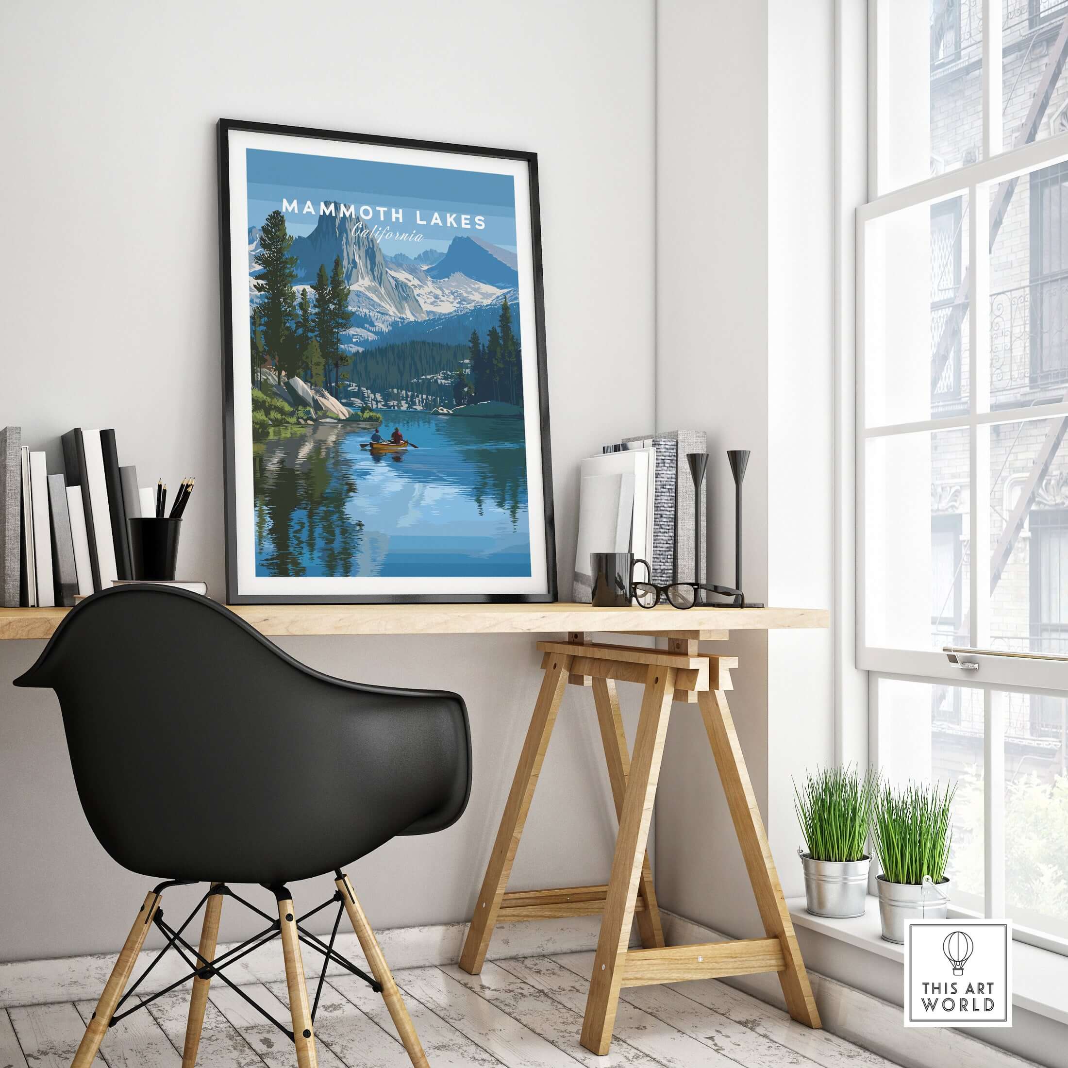 Mammoth Lakes - Mountain Adventure Wall Art displayed in a stylish workspace with scenic mountain and lake view.