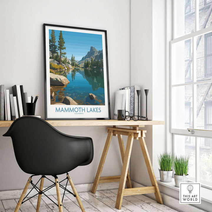 Mammoth Lakes California wall art print displayed in a stylish home office, capturing serene landscapes and nature.