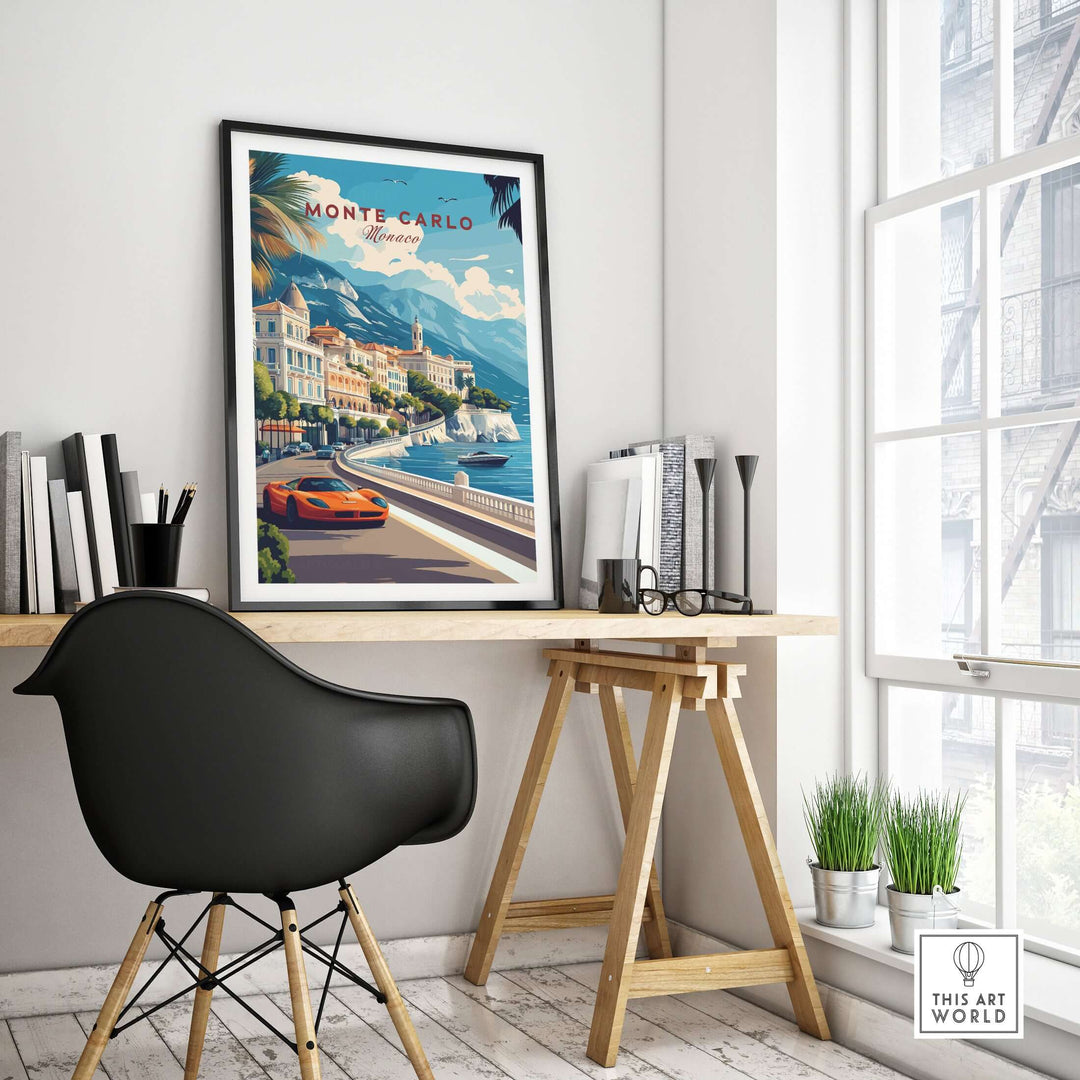 Monte Carlo travel poster in modern workspace with stylish decor and vibrant colors showcasing Monaco's allure.