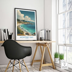 Monterey Bay California Poster - California Travel Print displayed in a stylish home office setting.