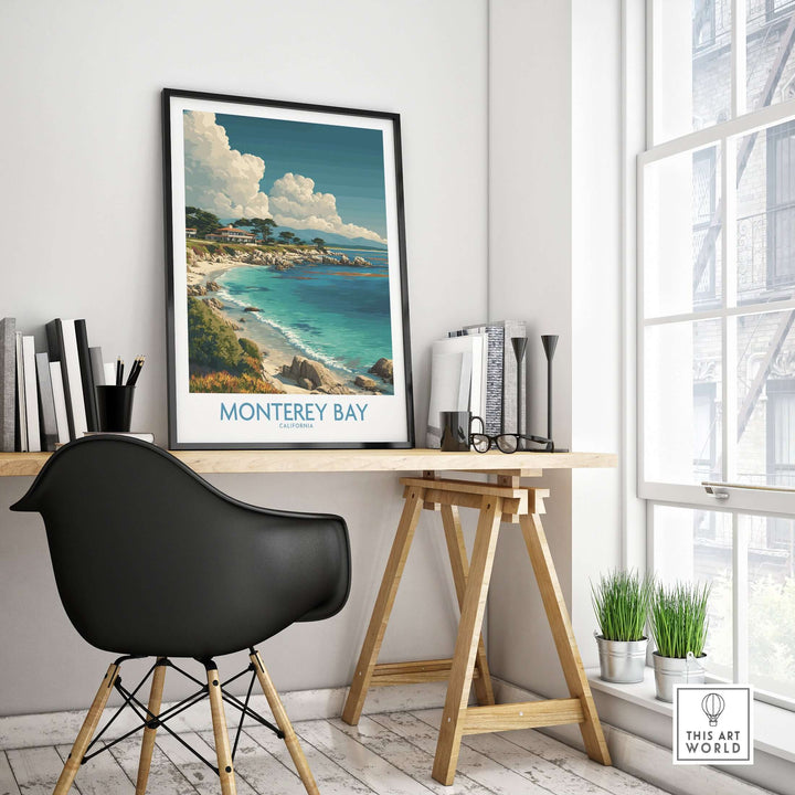 Monterey Bay California travel poster displayed in a modern home office setting with coastal views.