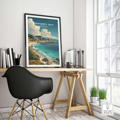 Monterey Bay California Coastal Beach Print - Pacific Ocean Wall Art displayed in a bright room with a modern desk.