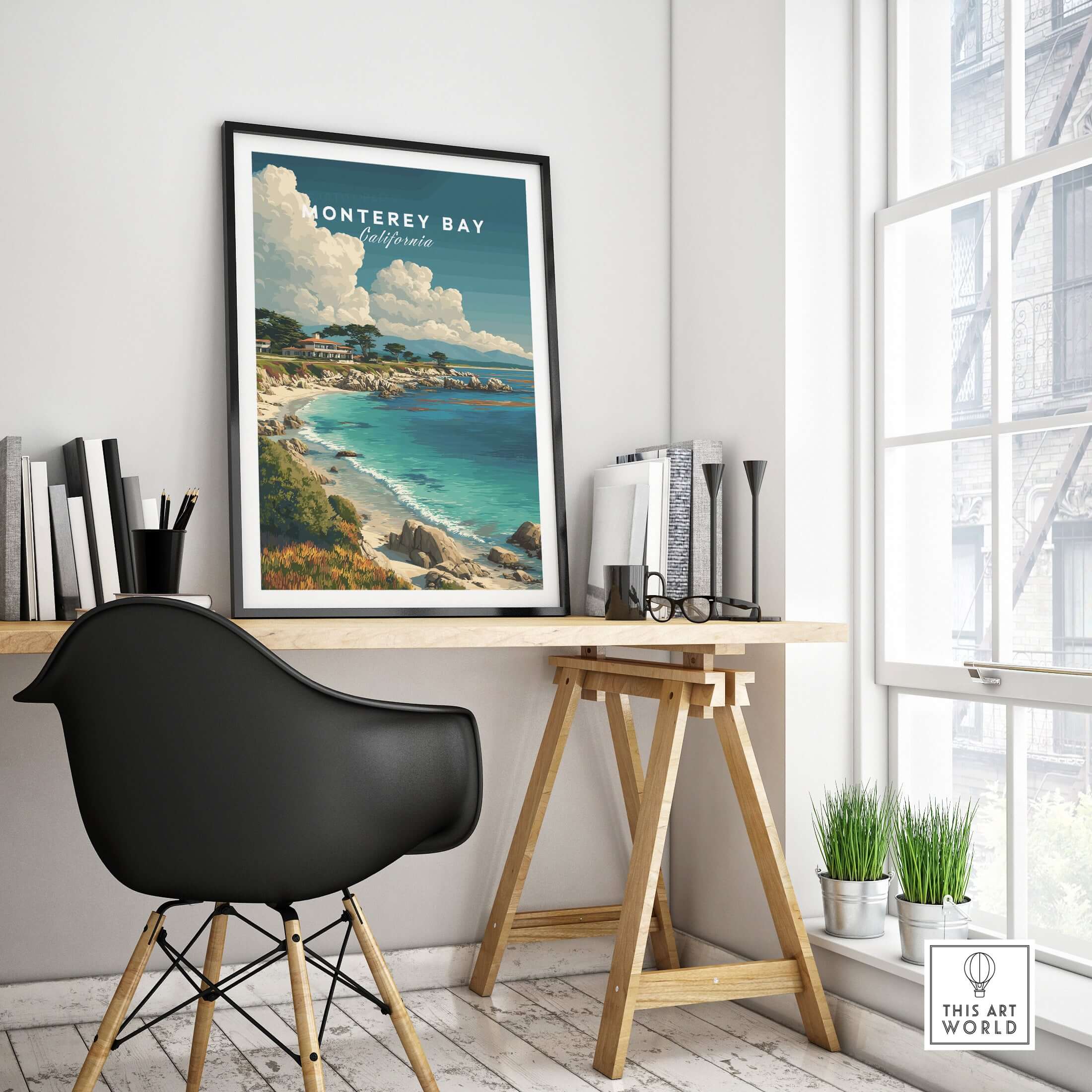 Monterey Bay California Coastal Beach Print - Pacific Ocean Wall Art displayed in a bright room with a modern desk.