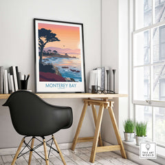 Monterey Bay California Sunset Coastline Poster - Cypress Tree Wall Art displayed in a modern office setting.