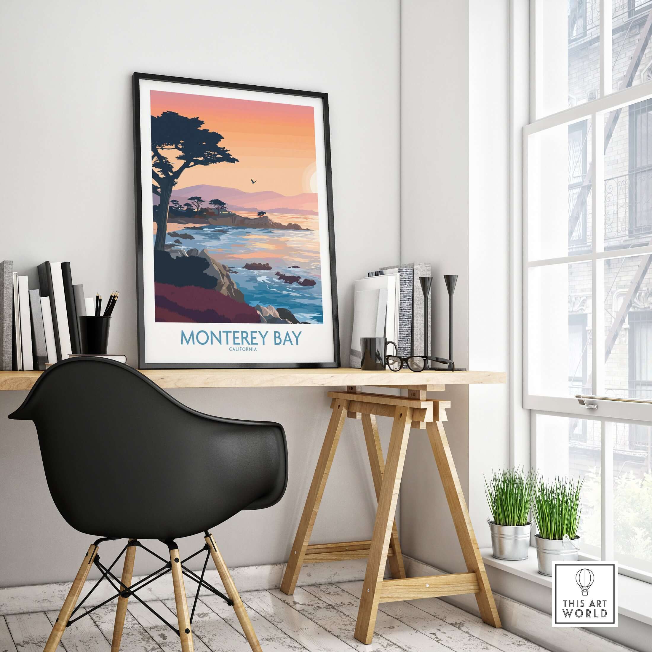 Monterey Bay California Sunset Coastline Poster - Cypress Tree Wall Art displayed in a modern office setting.