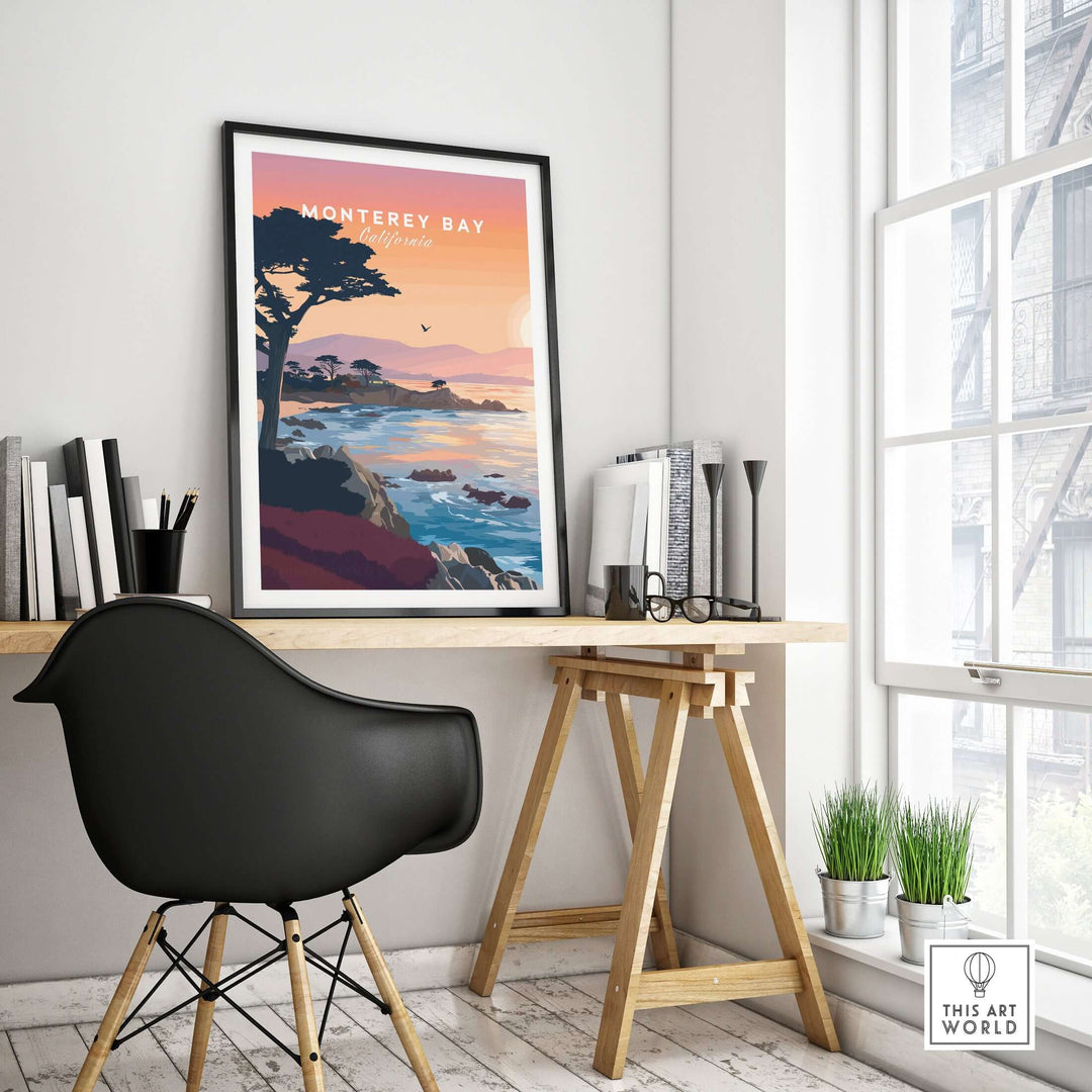 Monterey Bay California sunset coastline poster with cypress trees in a modern workspace setting.