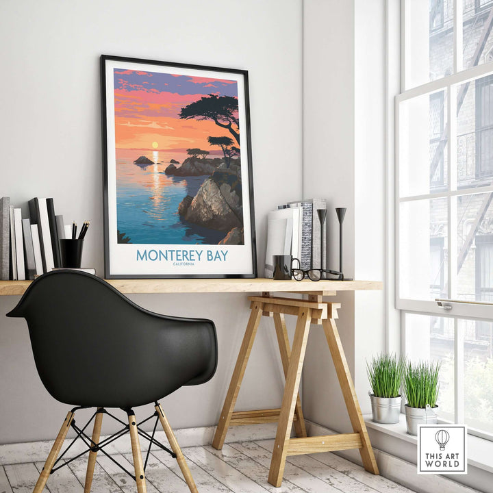 Monterey Bay poster in a stylish home office, showcasing calming coastal decor with ocean views and serene colors.