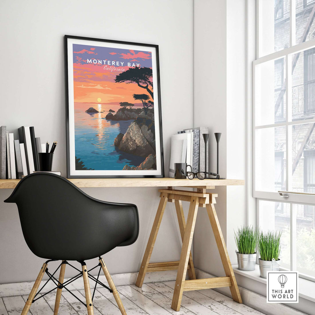 Monterey Bay California print displayed in a modern workspace, showcasing serene coastal landscapes and vibrant sunset colors.