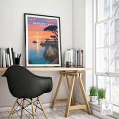 Monterey Bay Print California - Pacific Grove Wall Art displayed in a modern home office setting.