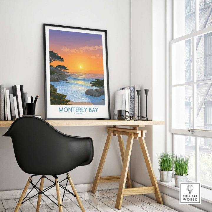 Monterey Bay California beach poster showcasing sunset and coastal views in a stylish home office setting.