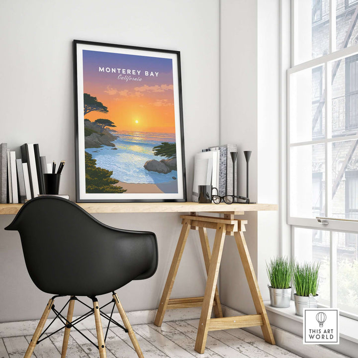 Monterey Bay California sunset print displayed in a modern workspace, showcasing vibrant coastal scenery and tranquility.