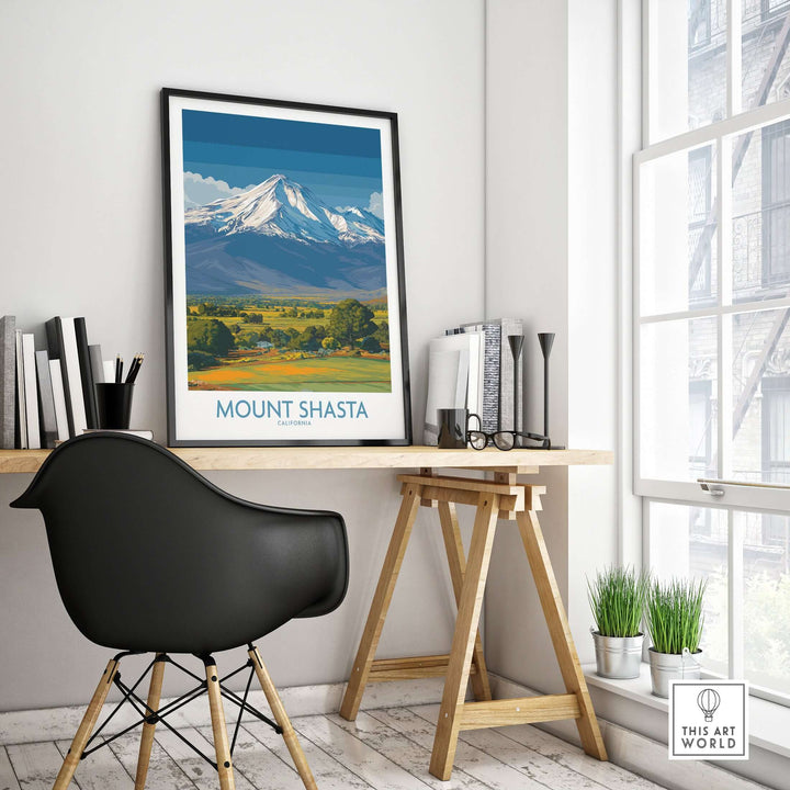 Decorative Mount Shasta California poster displayed in a modern home office setting.