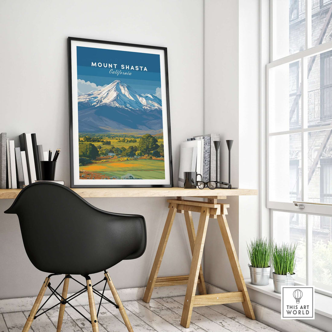 Mount Shasta California print displayed in a modern workspace, showcasing stunning natural scenery and vibrant colors.