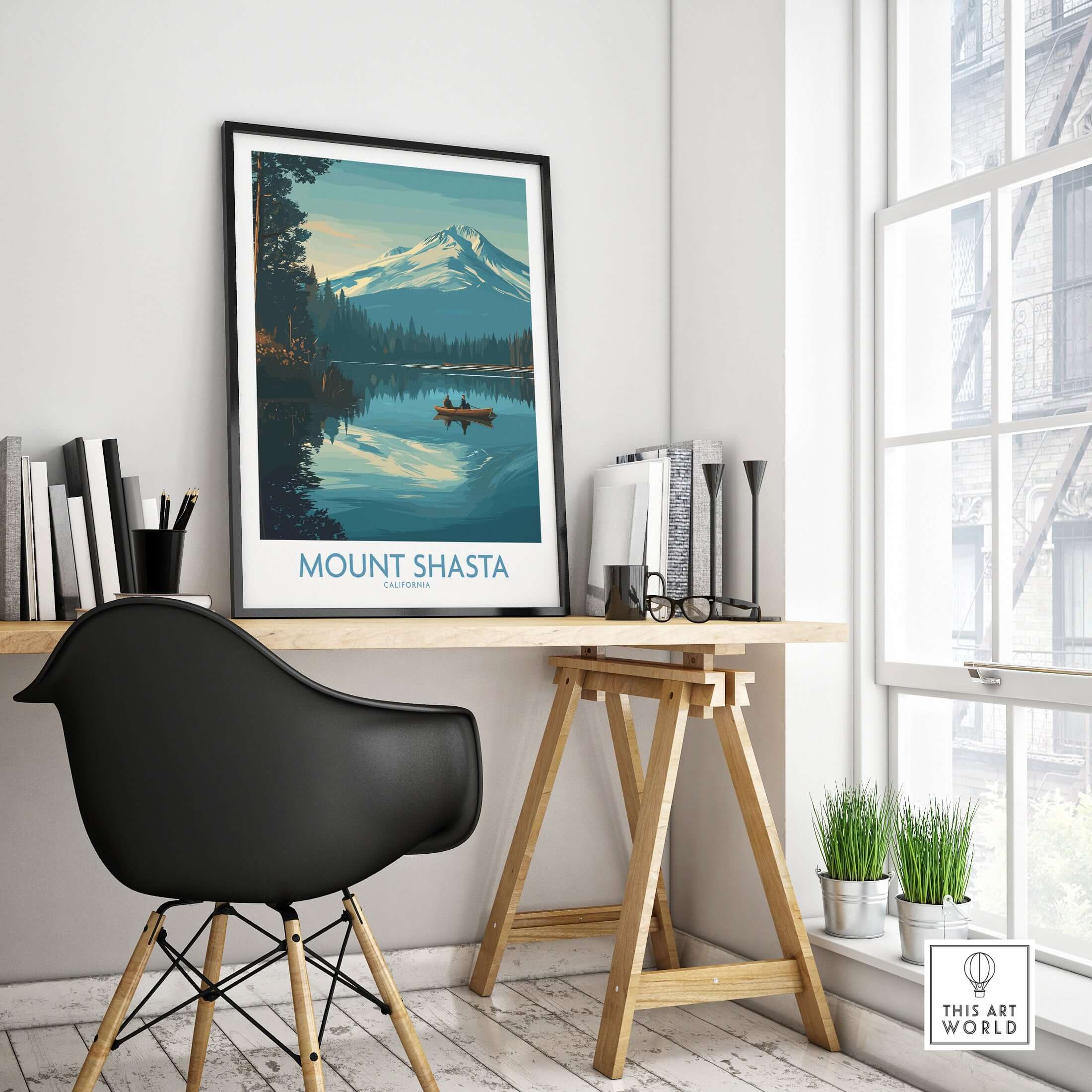 Mount Shasta Poster California - California Nature Print displayed in a stylish office setting with a modern desk.