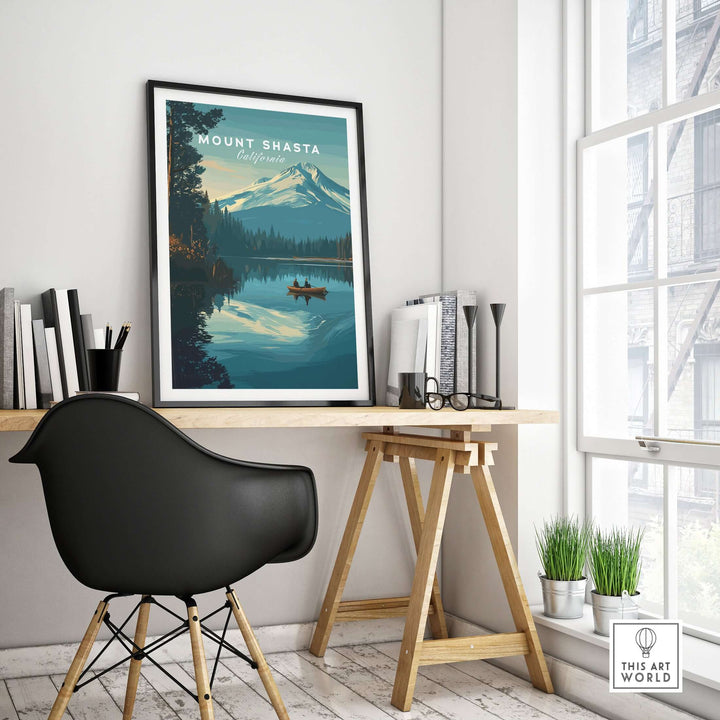 Mount Shasta California print, peaceful mountain wall art in a modern home office setting.
